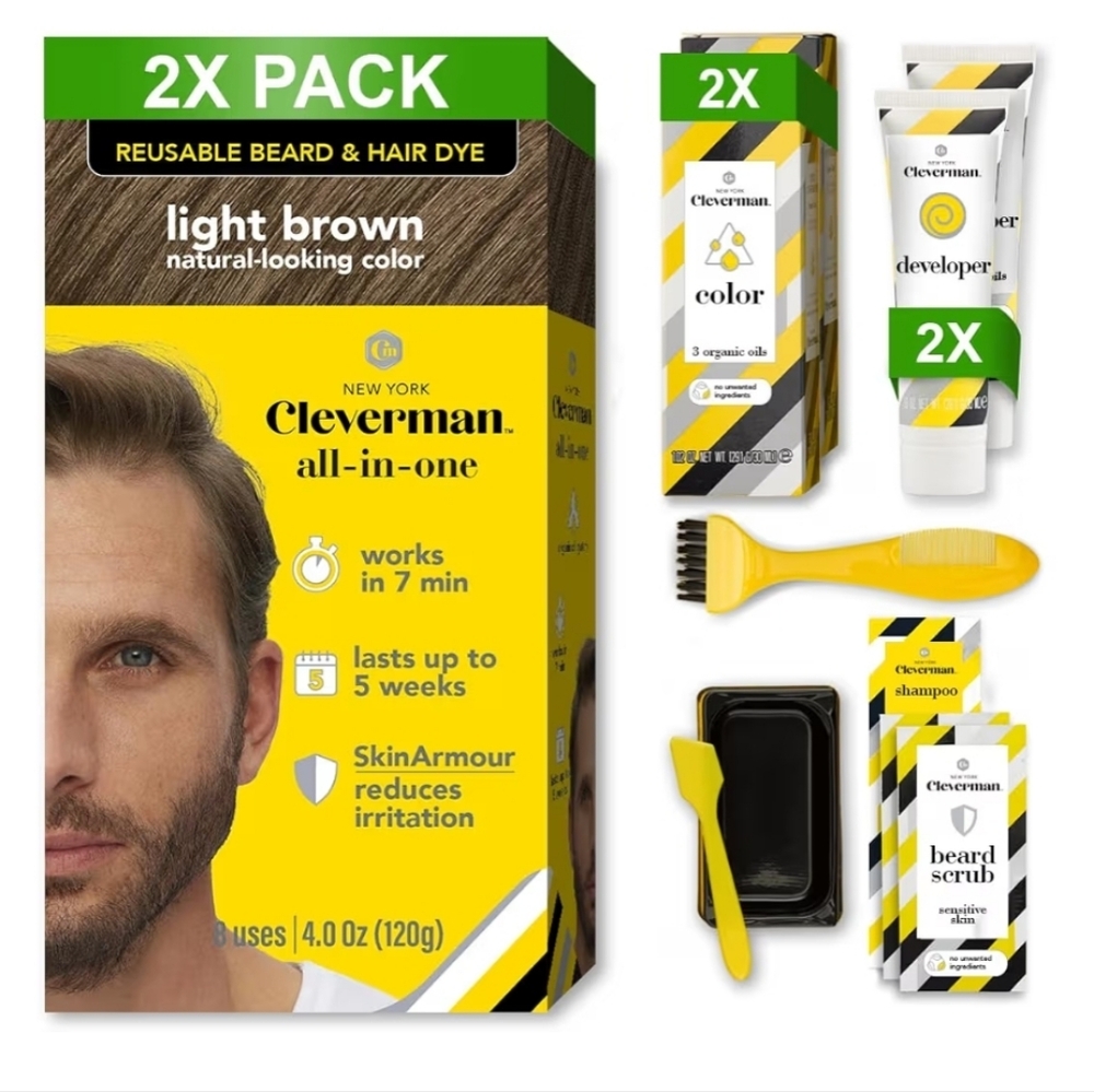 Cleverman Hair & Beard Dye Kit for Men Light Brown Beard & Hair Dye 2X Pack